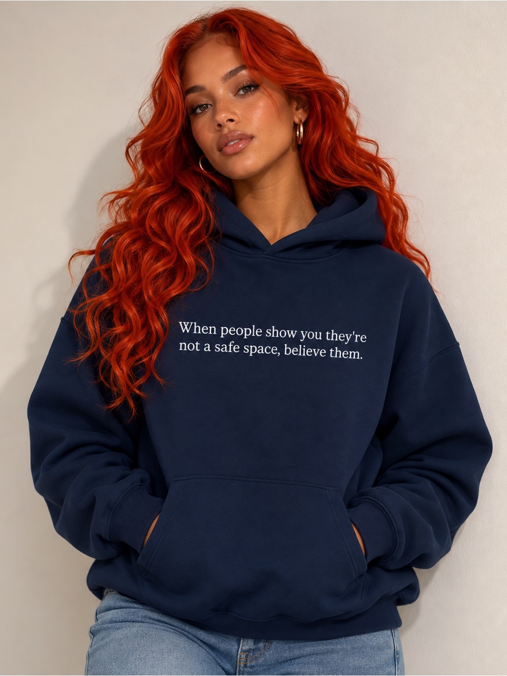 Women's Navy Varsity Hoodie with Front Slogan